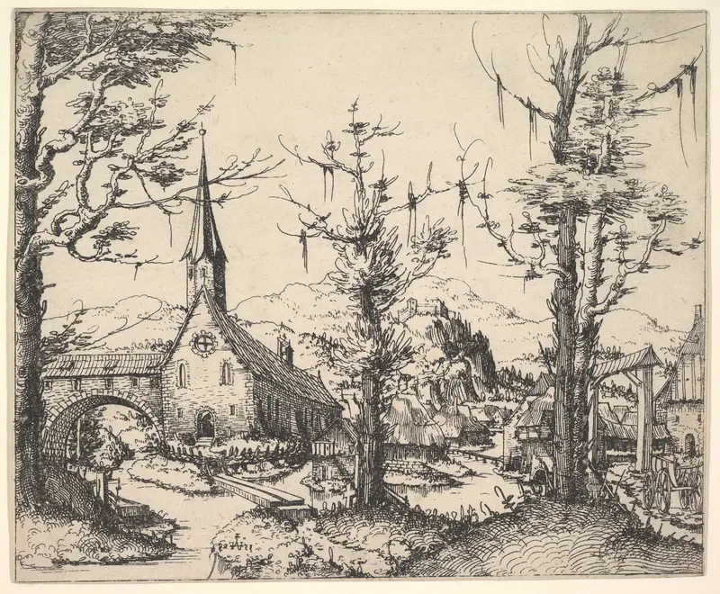 Landscape with Four Trees and a Church at Right (counterproof)