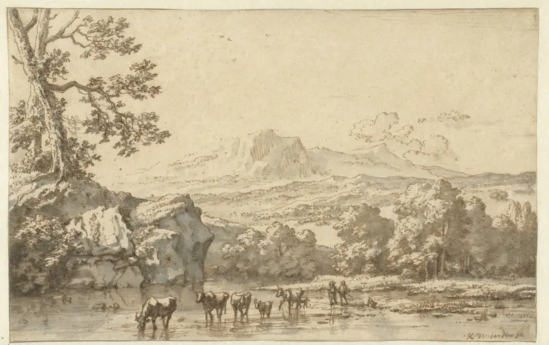 Landscape with Herders and Cattle Crossing a River Wall Art by Karel du Jardin - High-Resolution Digital Print