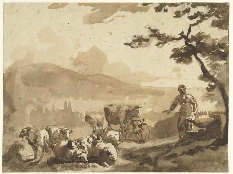 Landscape with Herders and Sheep, with a Mountain in the Distance Wall Art by anonymous - High-Resolution Digital Print