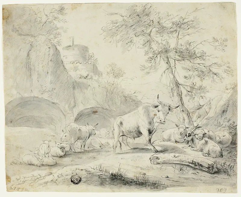 Landscape with Herdsman and Sheep, Goat, Cattle Wall Art by Johann Heinrich Roos - High-Resolution Digital Print