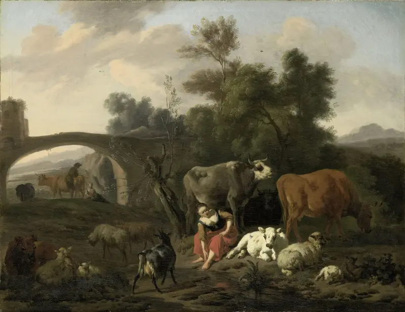 Landscape with Herdsmen and Cattle Wall Art by Dirck van Bergen - High-Resolution Digital Print