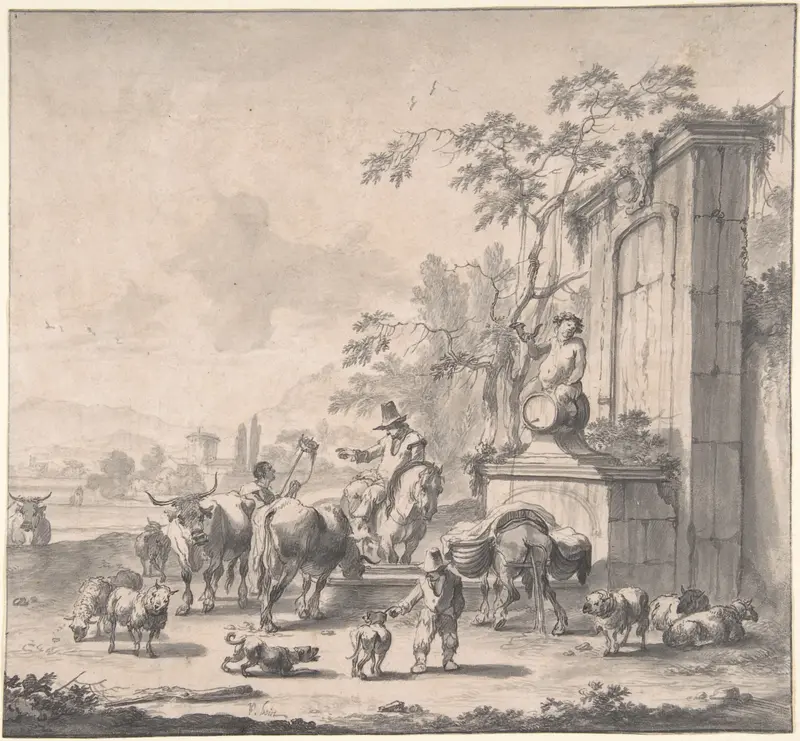 Landscape with Herdsmen, Sheep and Cows Around a Fountain Wall Art by Pieter Bout - High-Resolution Digital Print