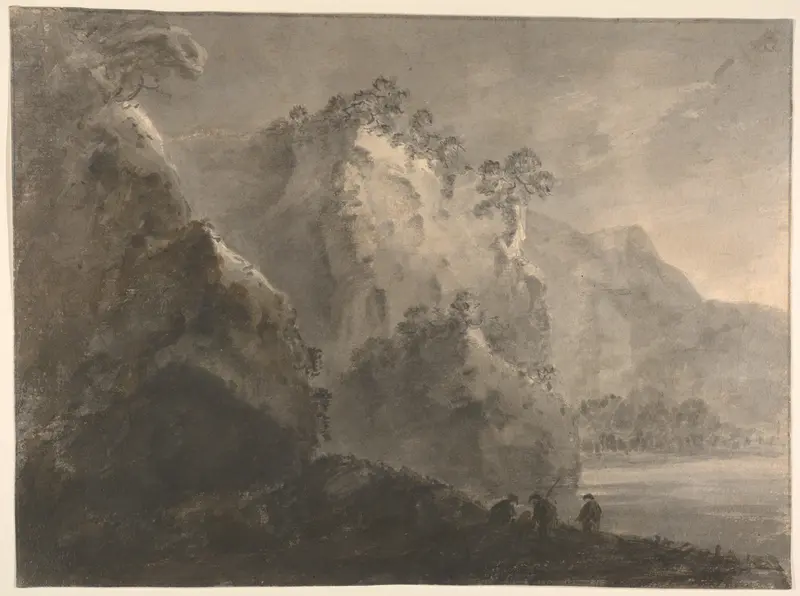 Landscape with hills, a lake, and figures Wall Art by William Gilpin - High-Resolution Digital Print