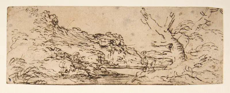 Landscape with hills and a lake, trees in right foreground. Wall Art by Salvator Rosa - High-Resolution Digital Print