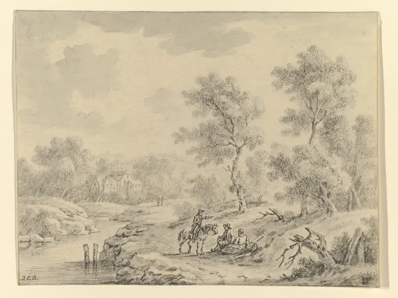 Landscape with Horseman Talking to Seated Figures Wall Art by Johann Christoph Dietzsch - High-Resolution Digital Print
