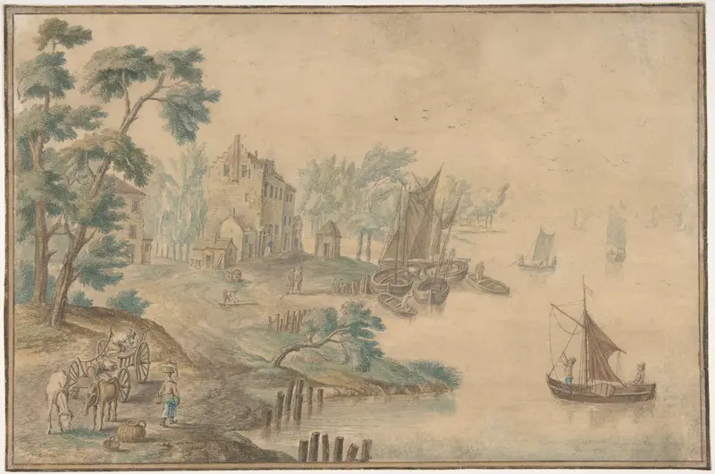 Landscape with Horses and Carts and a River at Right Wall Art by Anonymous, Flemish, 18th century - High-Resolution Digital Print