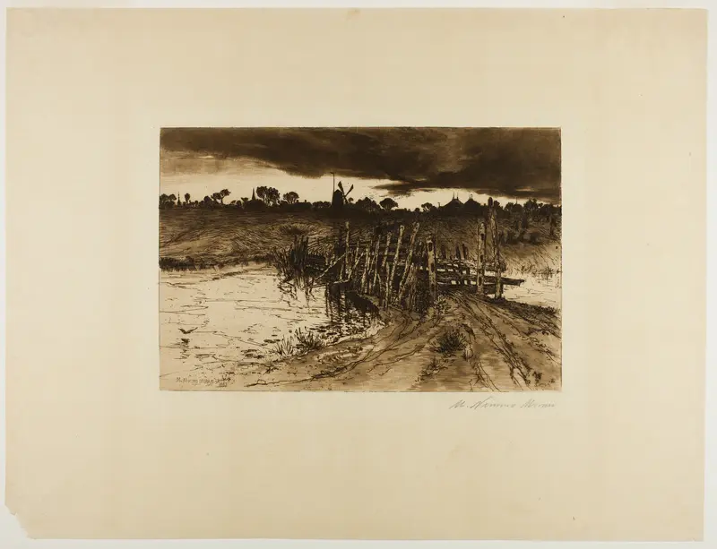 Landscape with Mill and a Wooden Bridge Wall Art by Mary Nimmo Moran - High-Resolution Digital Print