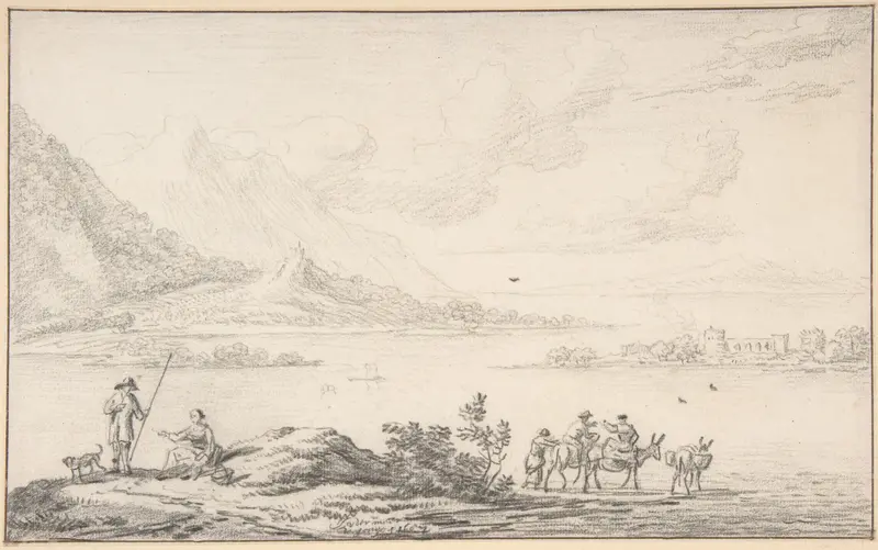 Landscape with mountains and a lake, figures in the foreground Wall Art by Jan van der Meer the Younger - High-Resolution Digital Print