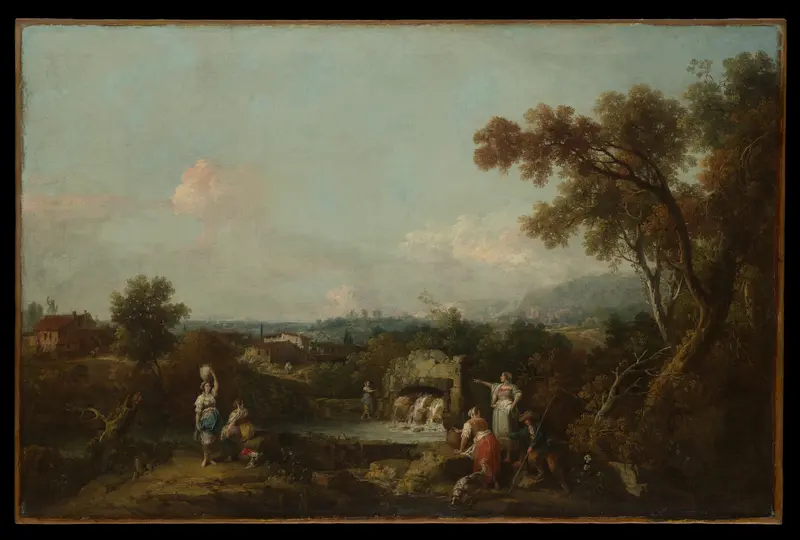 Landscape with Peasants at a Fountain Wall Art by Francesco Zuccarelli - High-Resolution Digital Print