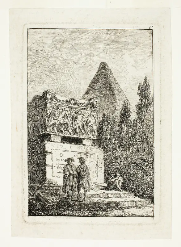 Landscape with Pyramid and Sarcophagus, plate six from Les Soirées de Rome Wall Art by Hubert Robert - High-Resolution Digital Print