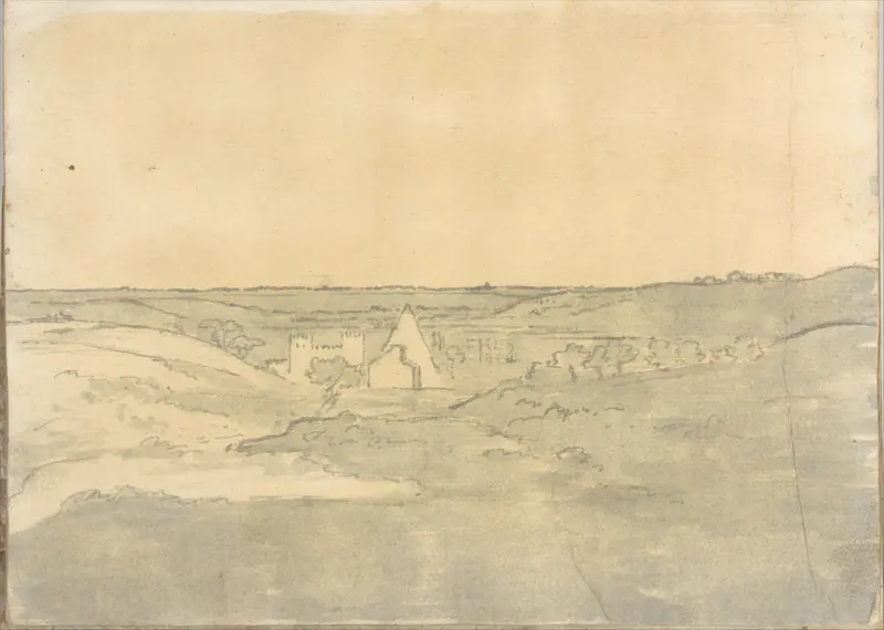 Landscape with Pyramid of Gaius Cestius, at Rome (Smaller Italian sketchbook, leaf 25 recto) Wall Art by Joseph Wright (Wright of Derby) - High-Resolution Digital Print