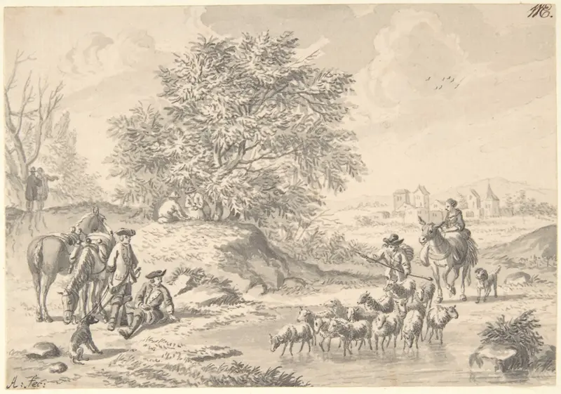 Landscape with Resting Cavaliers and a Shepherd with his Flock Wall Art by Nicolaas Aartman - High-Resolution Digital Print