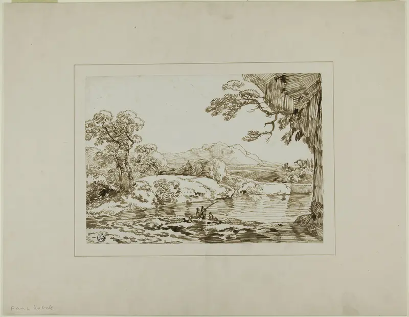 Landscape with River, Distant Hills, and Figures Fishing in Foreground Wall Art by Franz Kobell - High-Resolution Digital Print