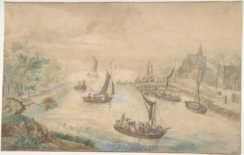 Landscape with River in the Center, with Ferryboat Wall Art by Anonymous, Flemish, 18th century - High-Resolution Digital Print