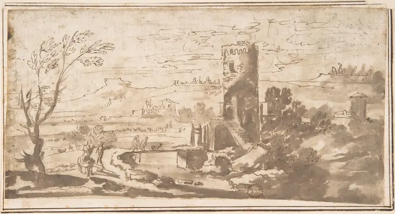 Landscape with Round Tower and Figures Crossing a Bridge Wall Art by Anonymous, Italian, Roman-Bolognese, 17th century - High-Resolution Digital Print
