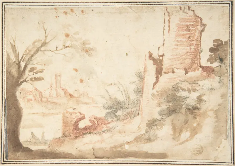 Landscape with Ruined Tower Wall Art by Anonymous, Italian, Roman-Bolognese, 17th century - High-Resolution Digital Print