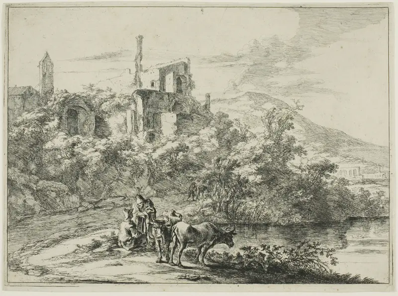 Landscape with Ruins and Two Cows at the Waterside, from a series of four horizontal Roman Landscapes Wall Art by Jan Both - High-Resolution Digital Print