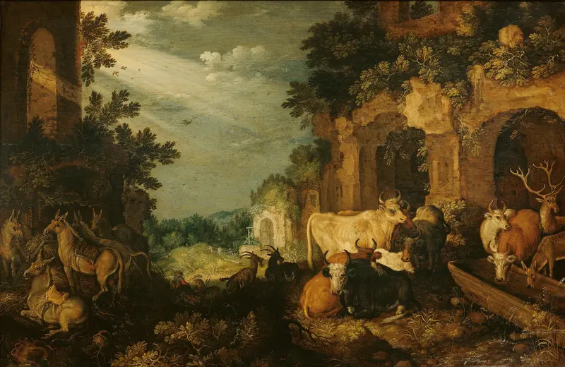 Landscape with ruins, cattle and deer Wall Art by Roelant Savery - High-Resolution Digital Print