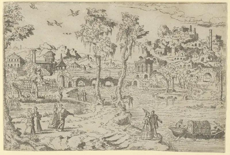 Landscape with ruins, courtiers, and a gondola Wall Art by Léon Davent - High-Resolution Digital Print