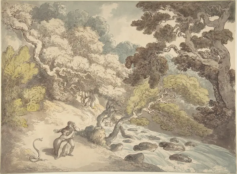 Landscape with rushing stream and a couple on the bank, frightened by a snake Wall Art by Thomas Rowlandson - High-Resolution Digital Print