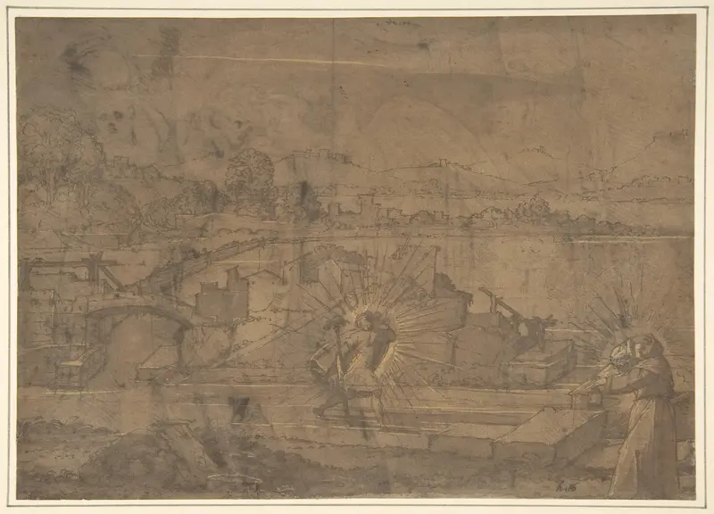Landscape with Saint Christopher and Male Monastic Saint (recto); Victory Crowning a Warrior, and Two Other Figures (verso) Wall Art by Anonymous, Italian, North Italy, 16th century - High-Resolution Digital Print