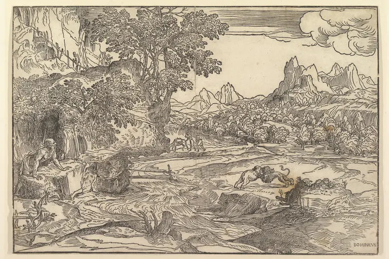 Landscape with Saint Jerome at left looking towards lion and bear fighting at center; two figures with mule in the background Wall Art by Domenico Campagnola - High-Resolution Digital Print