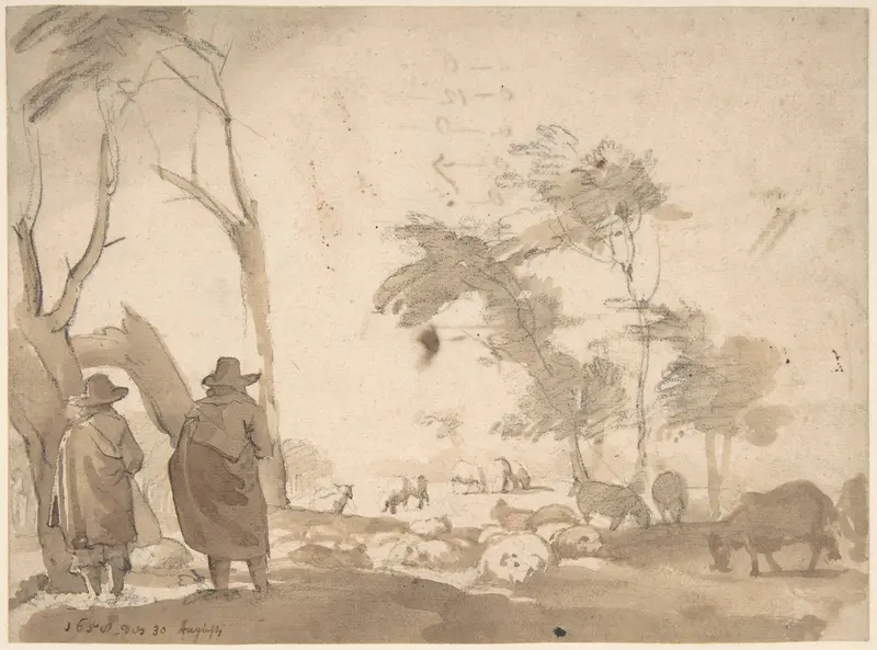 Landscape with Sheep and Two Figures (recto); Faint Sketch of a Figure with a Hat (verso) Wall Art by Jacob van der Does - High-Resolution Digital Print