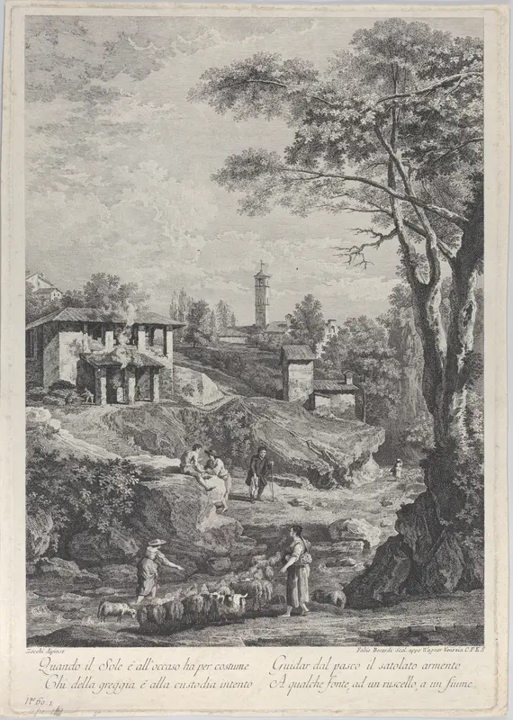 Landscape with shepherds, houses and a tower in the distance Wall Art by Fabio Berardi - High-Resolution Digital Print