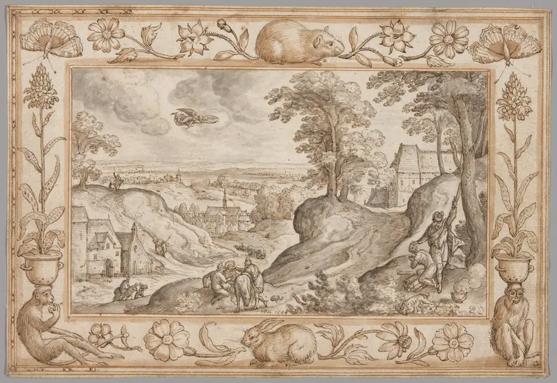 Landscape with the Sacrifice of Isaac within a Decorative Border of Plants and Animals