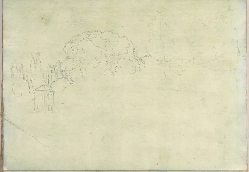Landscape with trees and a tower (Smaller Italian sketchbook, leaf 15 recto) Wall Art by Joseph Wright (Wright of Derby) - High-Resolution Digital Print
