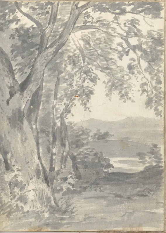Landscape with trees and distant hills (Smaller Italian sketchbook, leaf 37 recto) Wall Art by Joseph Wright (Wright of Derby) - High-Resolution Digital Print