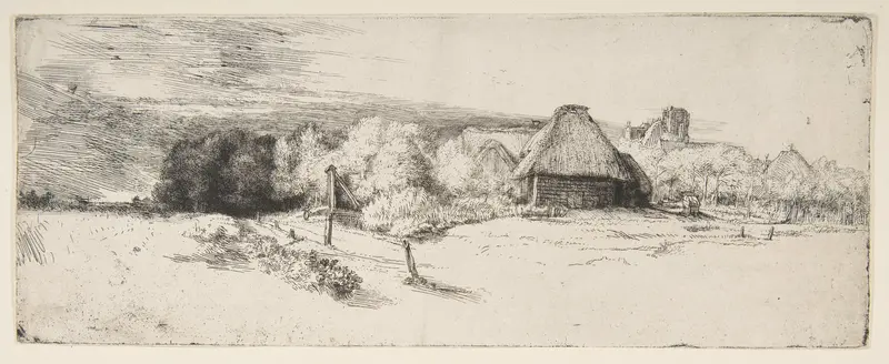 Landscape with Trees, Farm Buildings, and a Tower Wall Art by Rembrandt (Rembrandt van Rijn) - High-Resolution Digital Print