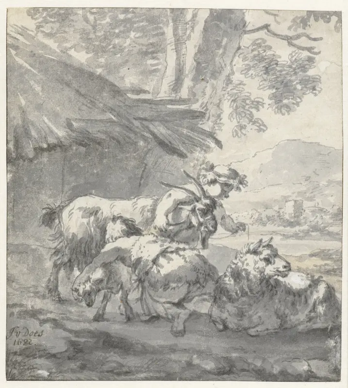 Landscape with Two Children Playing with a Goat, a Lamb and a Sheep Wall Art by Simon van der Does - High-Resolution Digital Print