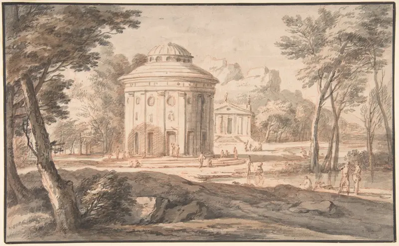Landscape with Two Classical Temples and Figures Wall Art by Jan Frans van Bloemen - High-Resolution Digital Print