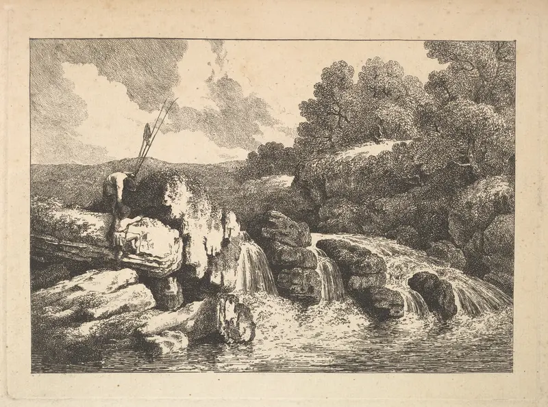 Landscape with Two Fishermen Climbing Rocks Next to a Waterfall Wall Art by Thomas Rowlandson - High-Resolution Digital Print