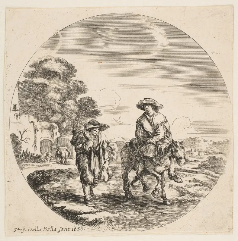 Landscape with Two Peasants, One Riding a Horse, from "Landscapes and seaports" (Paysages et ports de mer, dans des ronds) Wall Art by Stefano della Bella - High-Resolution Digital Print
