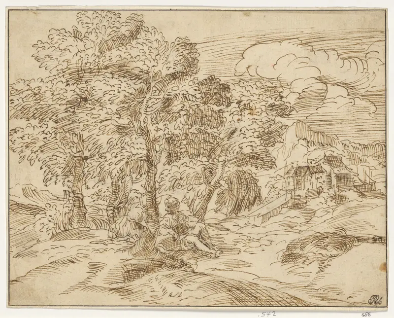 Landscape with Two Seated Figures Wall Art by Imitator of Domenico Campagnola - High-Resolution Digital Print