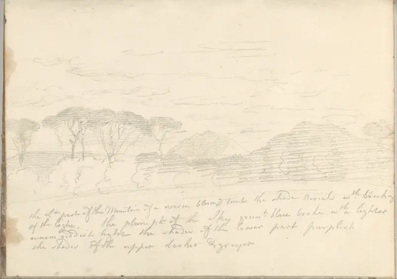 Landscape with umbrella pines and a distant mountain, near Rome (Smaller Italian sketchbook, leaf 41 recto) Wall Art by Joseph Wright (Wright of Derby) - High-Resolution Digital Print