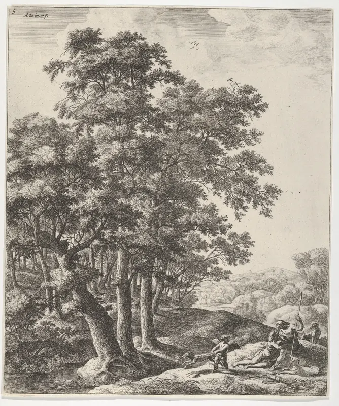 Landscape with Venus and Adonis, from "Six Mythological Scenes" Wall Art by Anthonie Waterloo - High-Resolution Digital Print