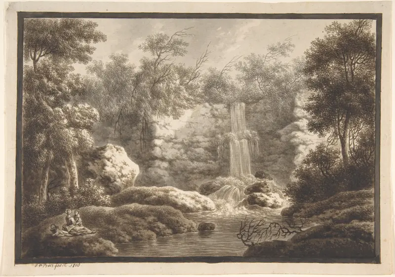 Landscape with Waterfall and a Mother and Child Wall Art by Johann Peter Beer - High-Resolution Digital Print