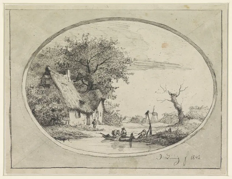 Landschap bij Cruybeke met figuren in een boot voor een boerderij Wall Art by Jean Théodore Joseph Linnig - High-Resolution Digital Print