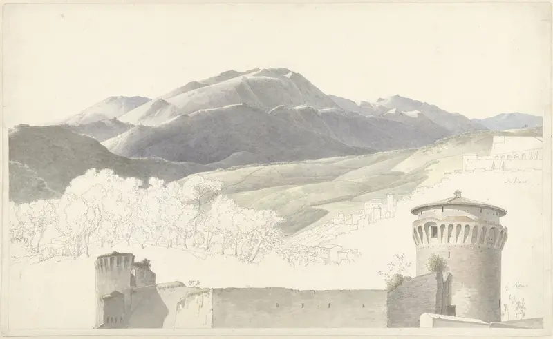 Landschap bij Subiaco en bouwwerk te Rome Wall Art by Josephus Augustus Knip - High-Resolution Digital Print
