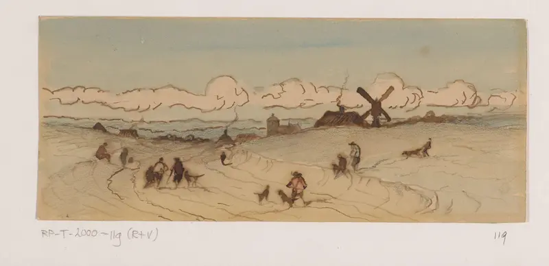 Landschap in de duinstreek met jagers en honden Wall Art by Johannes Tavenraat - High-Resolution Digital Print