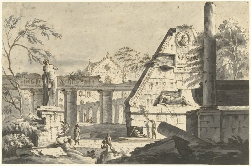 Landschap met antieke ruïnes van gebouwen en beelden Wall Art by Unknown - High-Resolution Digital Print