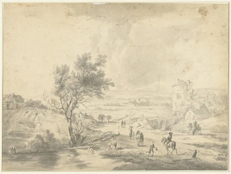 Landschap met baders, een ruiter en wandelaars bij een dorp met een ronde toren Wall Art by anonymous - High-Resolution Digital Print