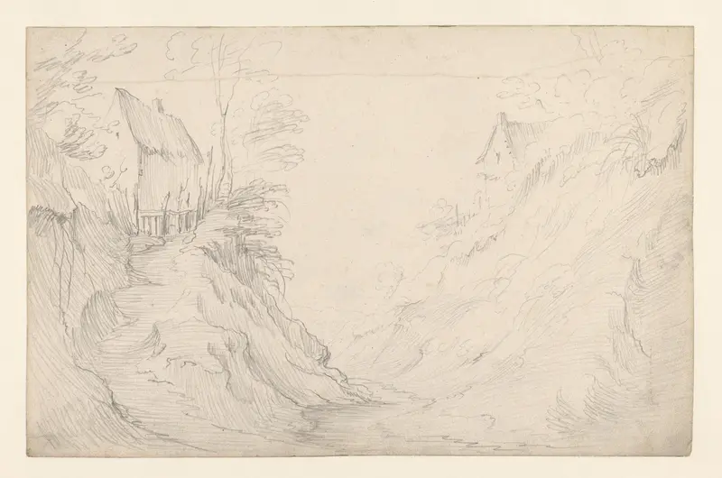 Landschap met beekje tussen twee heuveltjes waarop huizen Wall Art by Unknown - High-Resolution Digital Print