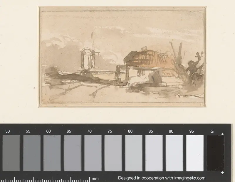 Landschap met boerderij en molen