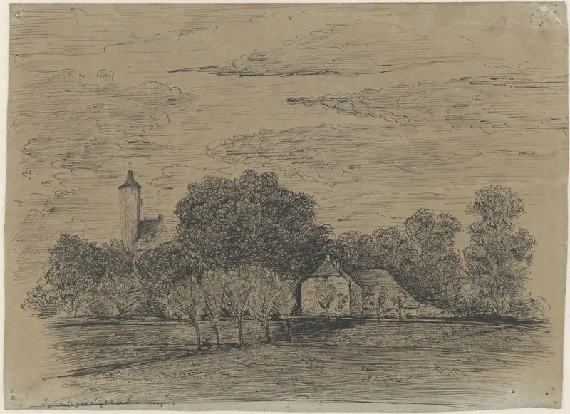 Landschap met boerderij en toren Wall Art by Unknown - High-Resolution Digital Print