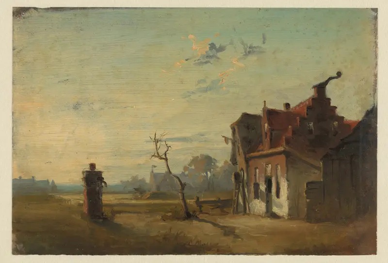 Landschap met boerenhuis en waterpomp