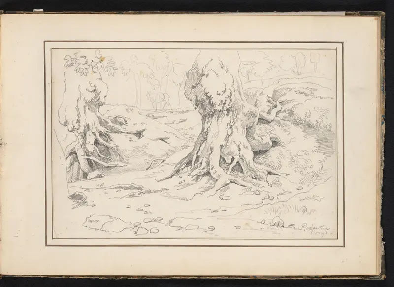 Landschap met bomen en boomwortels, met op de achtergrond een paard, te Roccantica Wall Art by Unknown - High-Resolution Digital Print
